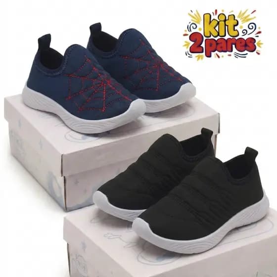 Kit 2 Tênis Calce Fácil Infantil Menino Varias Cores Macio e Confortável