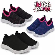 Kit 3 Tênis Infantil Feminino Calce Fácil Escolar Macio e Confortável