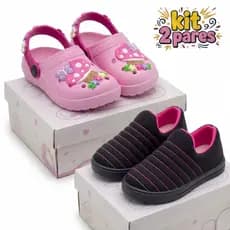 Kit Tênis Infantil Feminino Calce Fácil+Sandália Babuche Menina Macia e Leve Kit Volta as Aulas