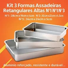 Kit 3 Formas Assadeiras Retangulares Altas Nº1 Nº2 Nº3 Alumínio – Bolo, Torta e Sobremesa