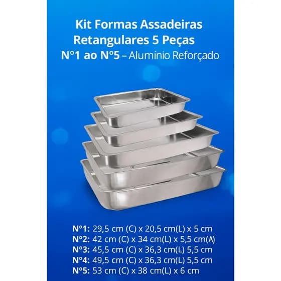 Kit 5 Formas Assadeiras Retangulares Altas Nº1, Nº2, Nº3, Nº4 e Nº5 Alumínio – Bolo, Torta e Sobremesa