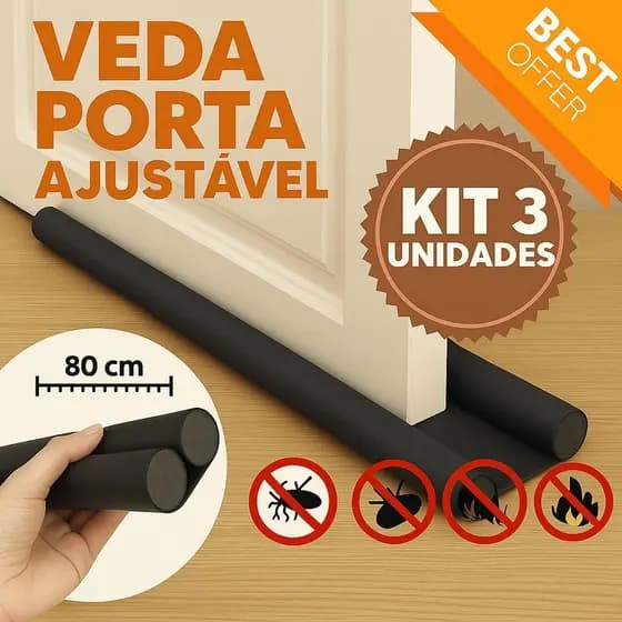 Kit 3 Veda Porta  AJUSTÁVEL Protetor de Porta Rolinho Impermeável Duplo 80cm Comprimento