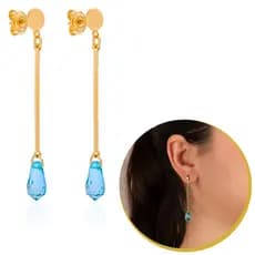Brinco Festa Feminino Banho a Ouro Longo Gota Zircônia Azul Piscina