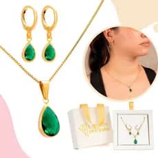 Conjunto Colar e Brinco Antialérgico Banhado a Ouro 18k Feminina Gota Verde Zircônia