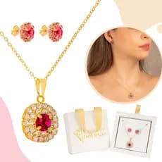 Conjunto Brincos E Corrente Formato Flor Moda Feminina Banhado a Ouro