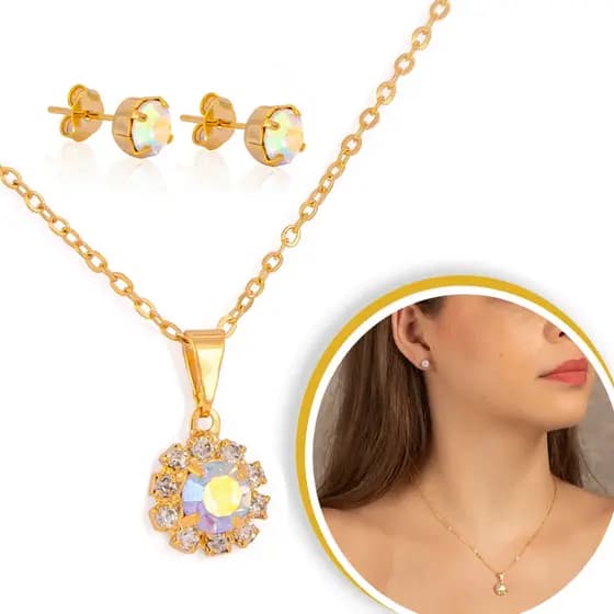 Conjunto Corrente Brinco Dourado Feminino Pedra Zircônia Cromado