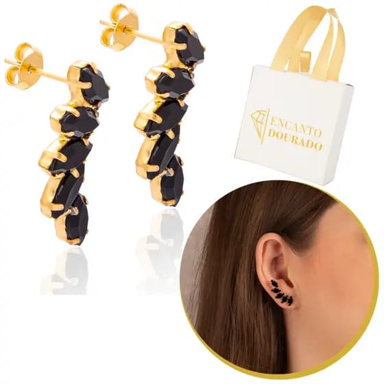 Brinco Estilo Ear Cuff Feminino Banhado A Ouro Zircônia Cor Preto