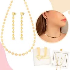 Kit Corrente E Brincos Banhado a Ouro Feminino Chocker Esfera Lisa Dourada