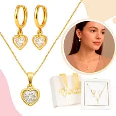 Kit Corrente + Brinco Feminino Coração Zircônia Banhado A Ouro Festa Casamento