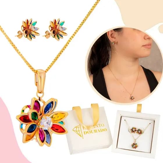 Kit Colar + Brincos Banhados Feminino Flor Lótus Zircônia Moda Elegante