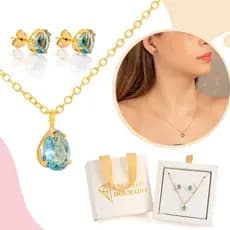 Kit Conjunto Colar + Brinco Feminino Gota Azul Zircônia Banhado a Ouro