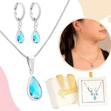 Kit Colar + Brincos Argola Conjunto Feminino Gota Pedra Azul Para Mulher