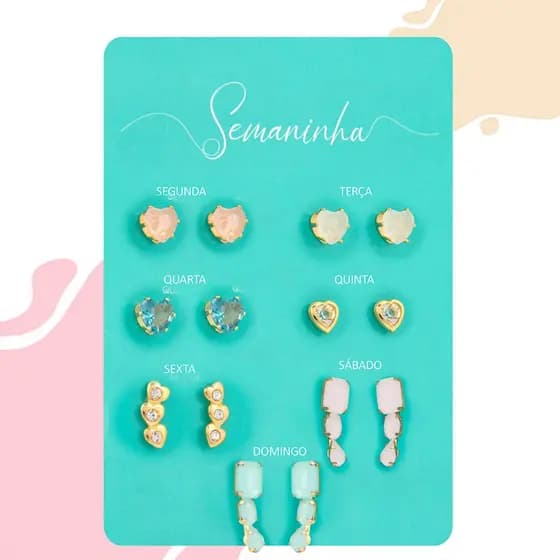 Conjunto Com Sete Pares De Brincos Banhados Semaninha Com Corações Delicados