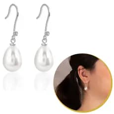Brinco Feminino Gancho Pendurado Com Gota Pérola E Zircônia Cor Prata