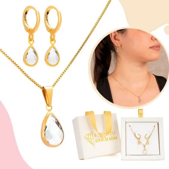 Kit Colar e Brinco Feminino Banhado a Ouro Conjunto Estilo Para Mulher