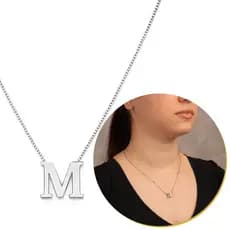 Colar Feminino Com Letra M Inicial Liso Prateado Moda Aço Inox