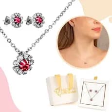 Conjunto Colar E Brincos Prateado Feminino Zircônia Flor Rosa Moda Presente