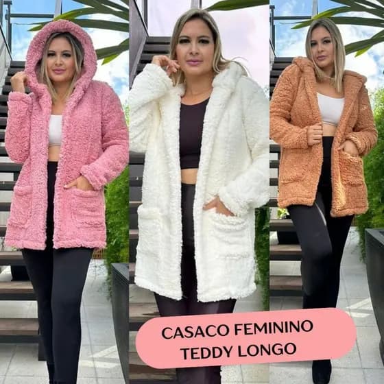 Casaco Feminino Teddy Longo Sobretudo De Inverno Peluciado