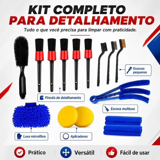 Kit 15/10 Peças Lavagem Automotiva Esponja + Escova de Pneu + Flanela + Aplicador de Cera + Luva Microfibra + Kit Pincel