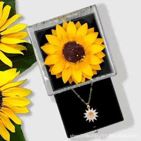 Caixa de joias com girassol + colar girassol pedrarias, representa lealdade/ amor + mensagem personalizada