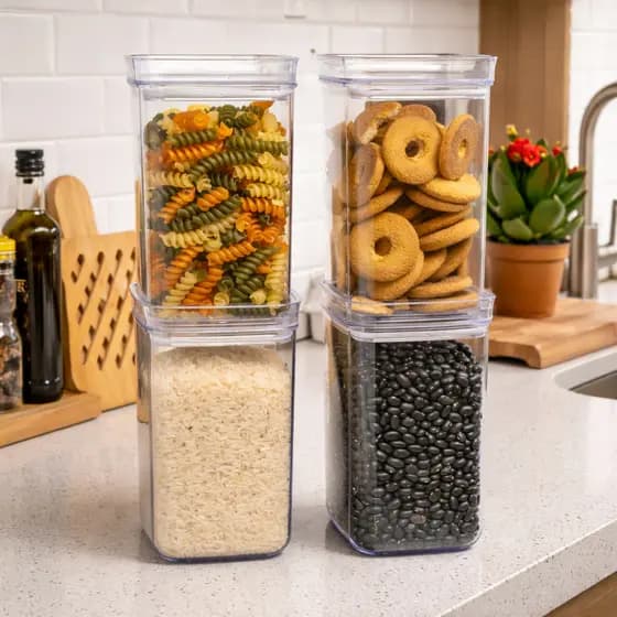 Conjunto 4 Potes 1,2 Litros Herméticos Acrílico Cristal Empilháveis Organizadores Para Cozinha