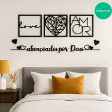 Kit 3 Quadros Amor Coração Geométrico Cabeceira Frase Abençoados por Deus + 2 aplique coração