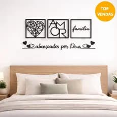 Kit 3 Quadros Familia Coração Geométrico Amor + Frase de Parede Abençoados por Deus Religioso de cabeceira