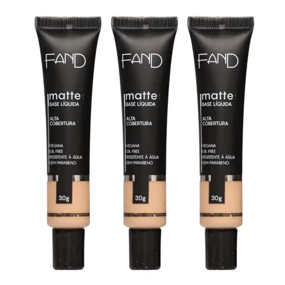 Kit 3 Unidades Base Líquida Fand Cosméticos 30ML Acabamento Matte Alta Cobertura