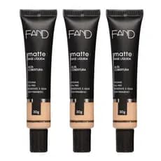 Kit 3 Unidades Base Líquida Fand Cosméticos 30ML Acabamento Matte Alta Cobertura