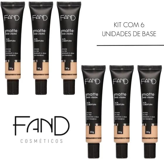 Kit 6 Unidades Base Líquida Matte Fand Cosméticos 30ML Acabamento Matte Alta Cobertura