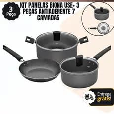 Kit De Panelas E Frigideiras com Tampa de Vidro Cinza 3 Peças Use+ Biona Antiaderente 7 Camadas