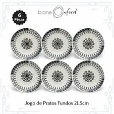 Jogo 6 Pratos Fundo 21,5cm Oxford Biona | Estampa Donna Folk (Preto)