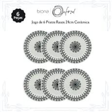 Jogo 6 Pratos Rasos 24cm Oxford Biona | Estampa Folk (Preto e Off-White)
