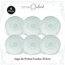 Jogo 6 Pratos Fundo 21,5cm Oxford Biona | Estampa Donna Mandala (Azul)