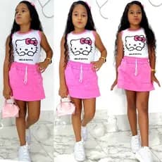 Conjunto Infantil Menina Hello Kitty Stich Blusa e Short Roupa Infantil Verão 2 a 14 Anos