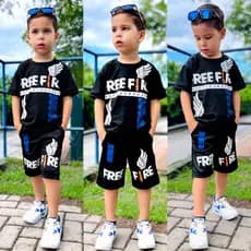Conjunto Infantil Free Fire Azul Vermelho e Verde Bermuda e Camisa Lançamento