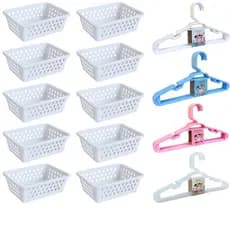 Kit 10 Cesto Organizador e 20 Cabide Infantil Branco Rosa Transparente Azul