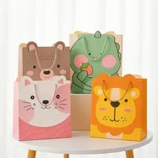 Sacolas Presente 3D Animais  Alça de Tecido Infantil - Modelos Urso, Leão, Dinossauro e Gatinho