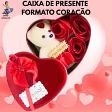 Caixa de Presente Coração Metal com Ursinho e Rosas Dia das Mães Namorados