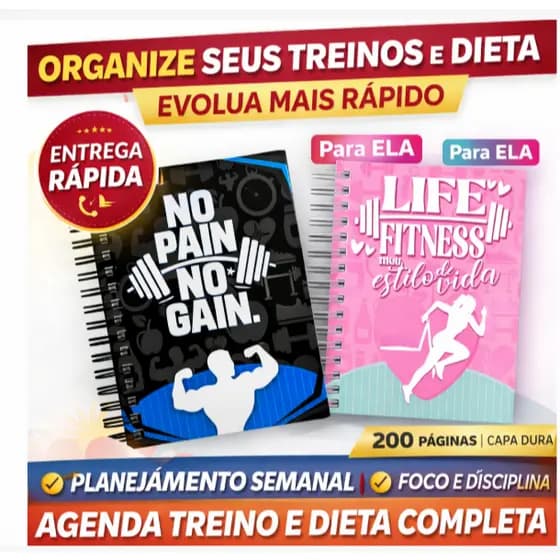Agenda Treino Academia + Dieta Semanal A5 200 Páginas Planner Fitness Completo Capa Dura