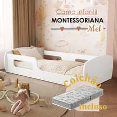 Cama Infantil Montessoriana Com Colchão 148x68 Branca MDF Solteiro Baixa Segurança Criança