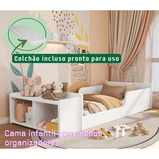 Cama Infantil Montessoriana com Colchão e Nichos Organizadores Moderno