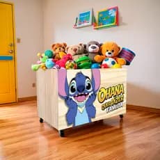 Caixa Organizadora Brinquedos Stitch, Bob Esponja, Pepa, Caixote, Baú de Madeira com Rodinhas,