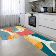 Kit 3 Tapetes para sua Cozinha | Cores Vivas para Decorar - Passadeira + Tapetes Antiderrapantes