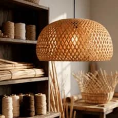 Lustre Pendente Fibra Bambu 45cm Artesanal Meia Cúpula Rústico Natural Sala Jantar Quarto Decoração
