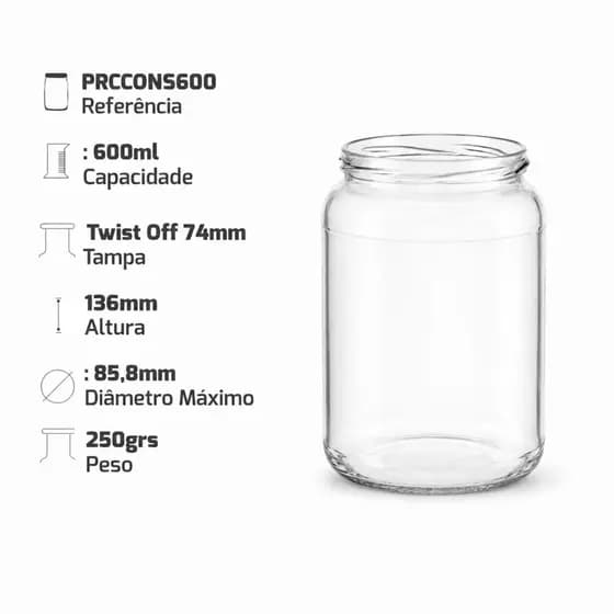 Kit 6 potes 600ml sem a tampa ideal para molhos geleia,conservas,mel e pimentas grãos otimo armazenamento de alimentos