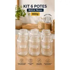 kit 6 potes vidro sem tampa  de 800gr Id para Conservas,artesanato,geleia,molhos,pimentas e armazenamento  de alimento