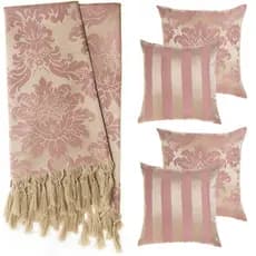 2 Mantas para Sofá 210x140 + 4 Capas para Almofadas - Rosa e Dourado