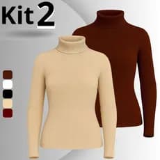 Kit 2 Blusa Feminina Cacharrel Canelada Manga Longa Gola Alta Básica Premium Segunda Pele elegante