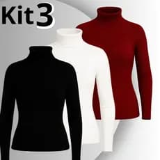 Kit 3 Blusas Femininas Manga Longa Gola Alta Canelada Segunda Pele Ribana Premium Confortável